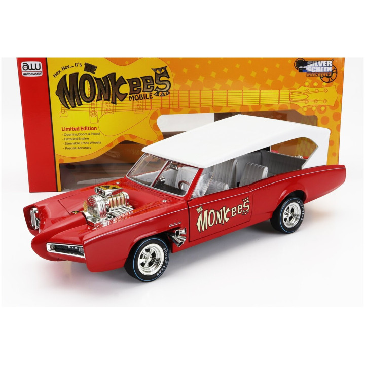 AUTOWORLD PONTIAC GTO CONVERTIBLE MONKEEMOBILE - THE MONKEES 1966 - RED WHITE 1/18