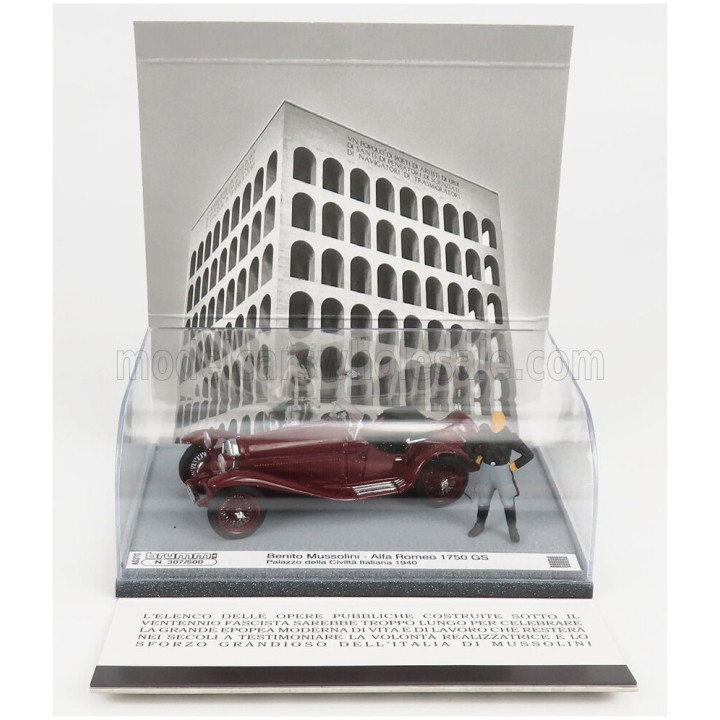 BRUMM ALFA ROMEO 1750GS SPIDER WITH MUSSOLINI FIGURE - PALAZZO DELLA CIVILTA' ITALIANA ROMA 1940 - BORDEAUX 1/43