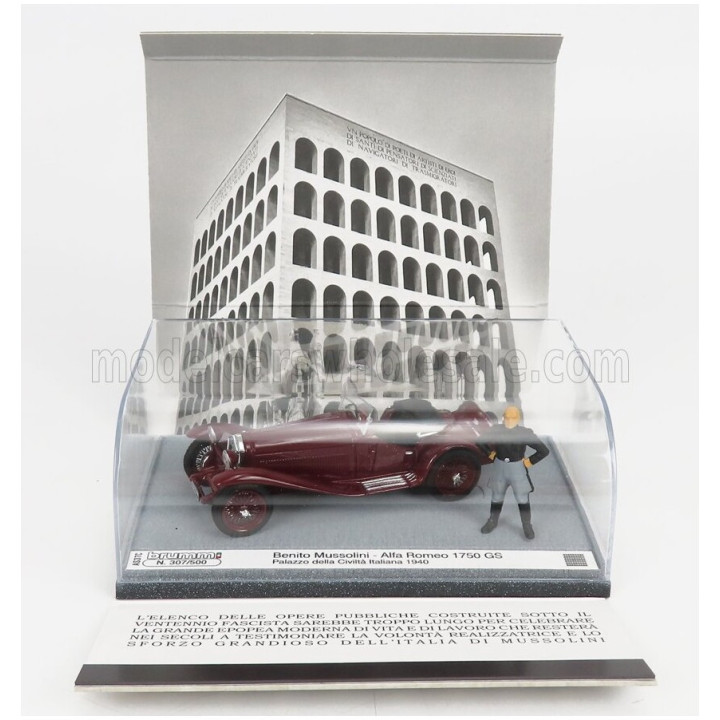 BRUMM ALFA ROMEO 1750GS SPIDER WITH MUSSOLINI FIGURE - PALAZZO DELLA CIVILTA' ITALIANA ROMA 1940 - BORDEAUX 1/43