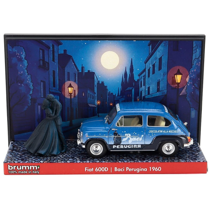 BRUMM FIAT DIORAMA 600D BERLINA BACI PERUGINA WITH FIGURES 1960 - BLUE BLACK 1/43