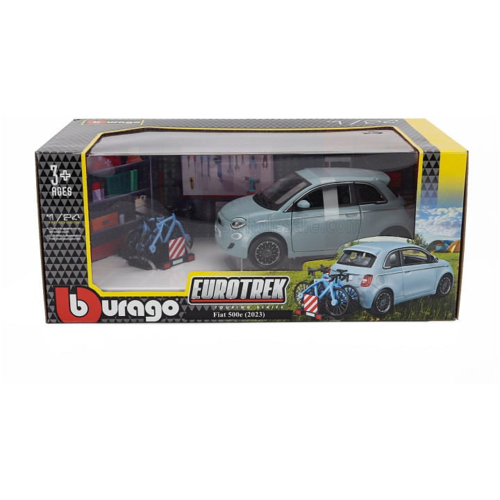 BURAGO FIAT 500e FULL ELECTRIC WITH BICYCLE 2021 - LIGHT BLUE 1/24