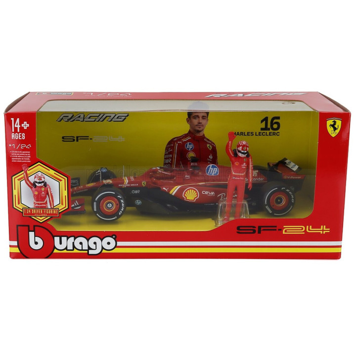 BURAGO FERRARI F1 SF-24 TEAM SCUDERIA FERRARI N 16 SEASON 2024 CHARLES LECLERC - WITH PILOT - RED BLACK 1/24