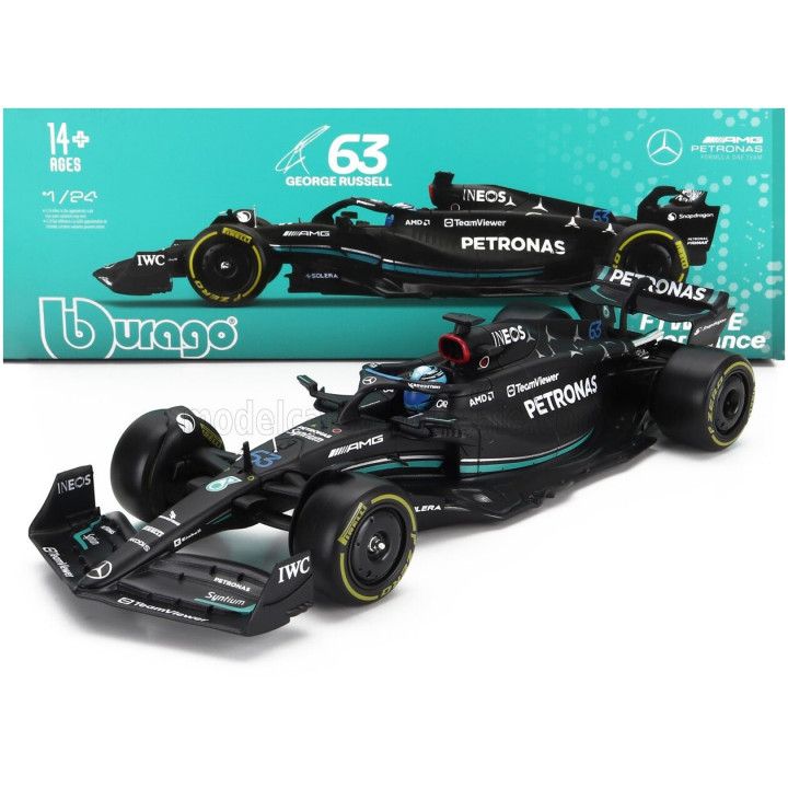 BURAGO MERCEDES GP F1 W14 TEAM MERCEDES-AMG PETRONAS FORMULA ONE N 63 SEASON 2023 GEORGE RUSSELL - WITH PILOT AND SHOWCASE