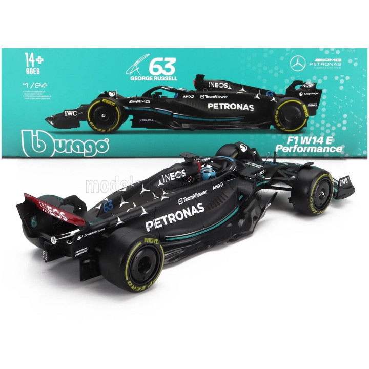 BURAGO MERCEDES GP F1 W14 TEAM MERCEDES-AMG PETRONAS FORMULA ONE N 63 SEASON 2023 GEORGE RUSSELL - WITH PILOT AND SHOWCASE