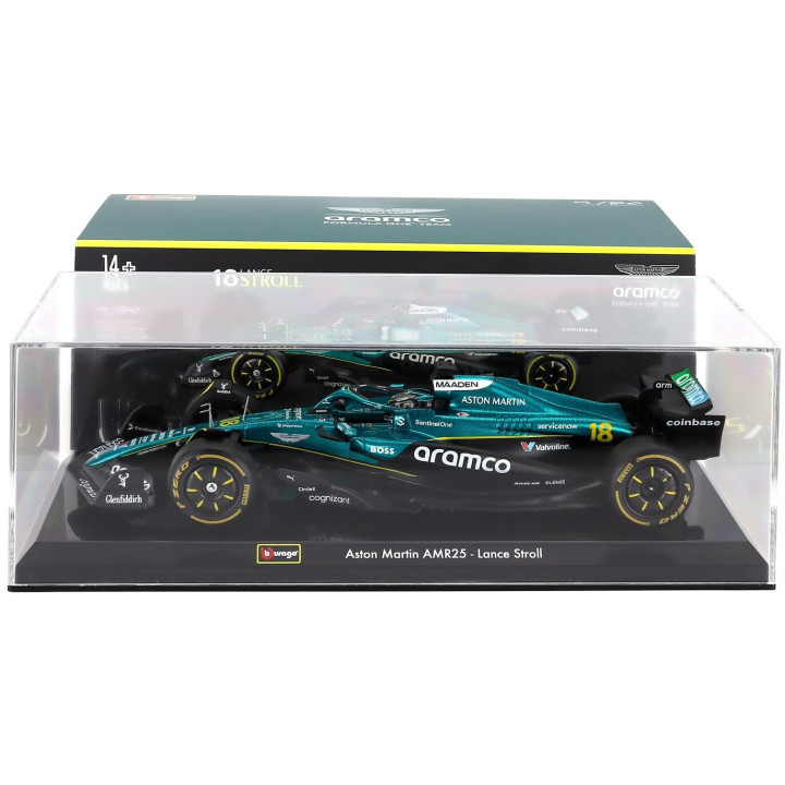 BURAGO ASTON MARTIN F1 AMR25 TEAM ARAMCO COGNIZANT N 18 SEASON 2025 LANCE STROLL - WITH PILOT AND SHOWCASE - GREEN BLACK 1/24