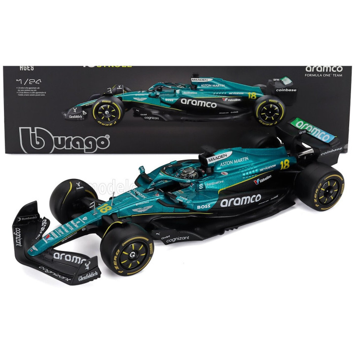 BURAGO ASTON MARTIN F1 AMR25 TEAM ARAMCO COGNIZANT N 18 SEASON 2025 LANCE STROLL - WITH PILOT AND SHOWCASE - GREEN BLACK 1/24