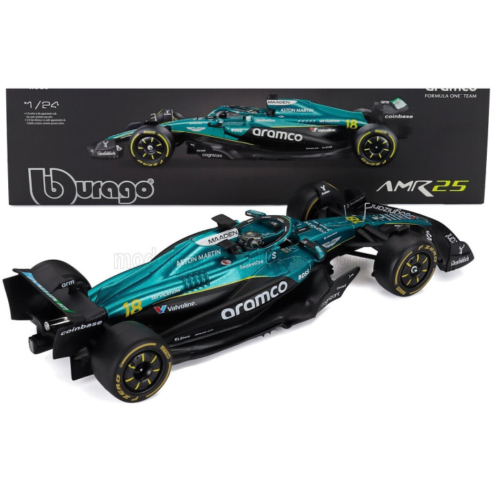 BURAGO ASTON MARTIN F1 AMR25 TEAM ARAMCO COGNIZANT N 18 SEASON 2025 LANCE STROLL - WITH PILOT AND SHOWCASE - GREEN BLACK 1/24