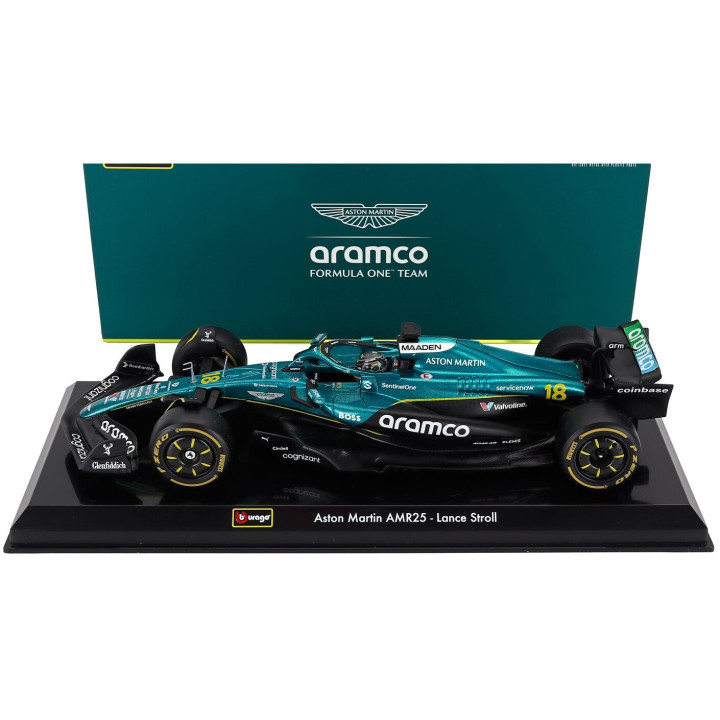 BURAGO ASTON MARTIN F1 AMR25 TEAM ARAMCO COGNIZANT N 18 SEASON 2025 LANCE STROLL - WITH PILOT AND SHOWCASE - GREEN BLACK 1/24