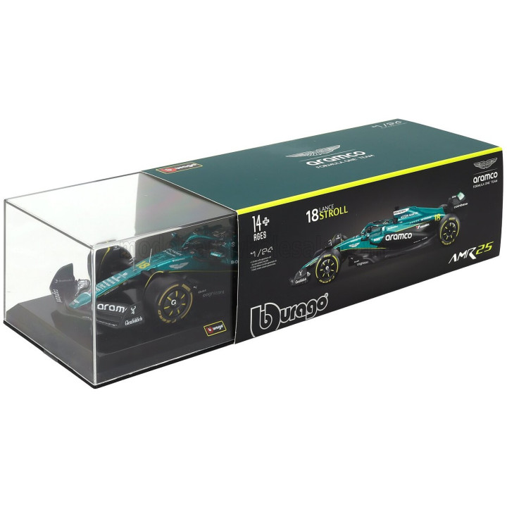 BURAGO ASTON MARTIN F1 AMR25 TEAM ARAMCO COGNIZANT N 18 SEASON 2025 LANCE STROLL - WITH PILOT AND SHOWCASE - GREEN BLACK 1/24