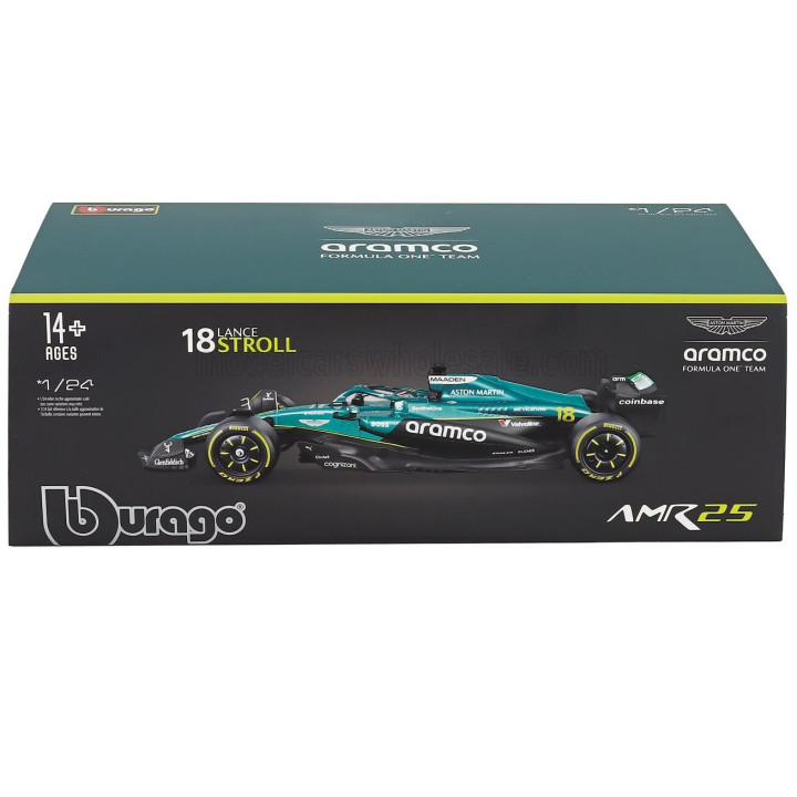 BURAGO ASTON MARTIN F1 AMR25 TEAM ARAMCO COGNIZANT N 18 SEASON 2025 LANCE STROLL - WITH PILOT AND SHOWCASE - GREEN BLACK 1/24