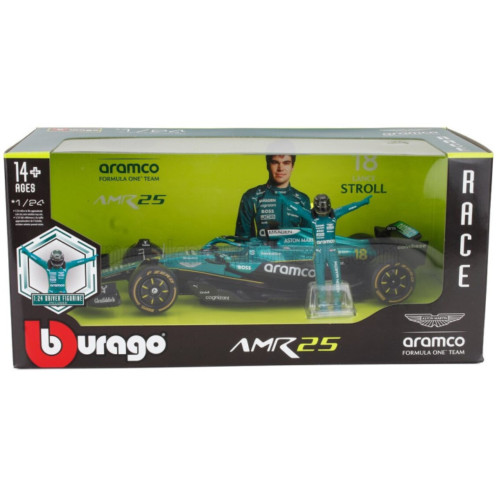 BURAGO ASTON MARTIN F1 AMR25 TEAM ARAMCO COGNIZANT N 18 SEASON 2025 LANCE STROLL - WITH PILOT - GREEN BLACK 1/24