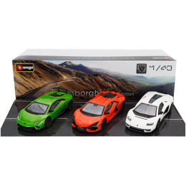 BURAGO LAMBORGHINI SET 3X REVUELTO HYBRID 2023 - HURACAN PERFORMANTE - COUNTACH LPi 800-4 2021 - GREEN ORANGE WHITE 1/43
