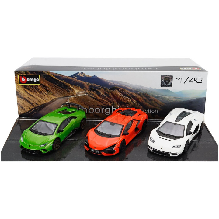BURAGO LAMBORGHINI SET 3X REVUELTO HYBRID 2023 - HURACAN PERFORMANTE - COUNTACH LPi 800-4 2021 - GREEN ORANGE WHITE 1/43