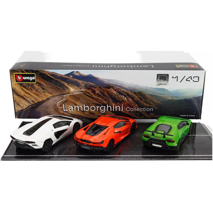 BURAGO LAMBORGHINI SET 3X REVUELTO HYBRID 2023 - HURACAN PERFORMANTE - COUNTACH LPi 800-4 2021 - GREEN ORANGE WHITE 1/43