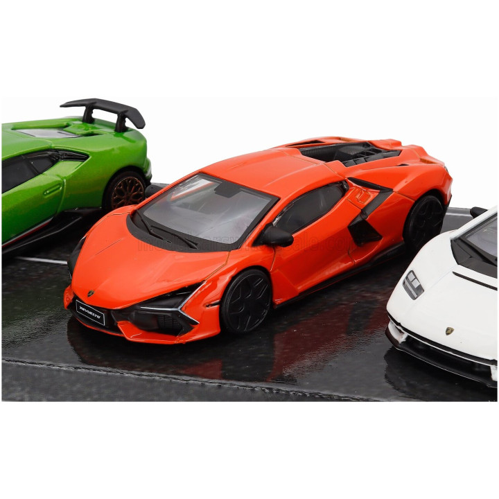 BURAGO LAMBORGHINI SET 3X REVUELTO HYBRID 2023 - HURACAN PERFORMANTE - COUNTACH LPi 800-4 2021 - GREEN ORANGE WHITE 1/43