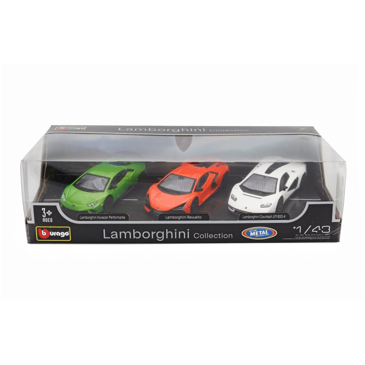 BURAGO LAMBORGHINI SET 3X REVUELTO HYBRID 2023 - HURACAN PERFORMANTE - COUNTACH LPi 800-4 2021 - GREEN ORANGE WHITE 1/43