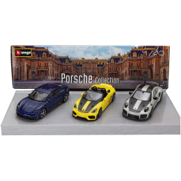 BURAGO PORSCHE SET 3X 911 992 GT2 RS COUPE 2021 - 718 (982) SPIDER RS - TAYCAN - YELLOW GREY BLACK 1/43