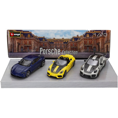 BURAGO PORSCHE SET 3X 911 992 GT2 RS COUPE 2021 - 718 (982) SPIDER RS - TAYCAN - YELLOW GREY BLACK 1/43
