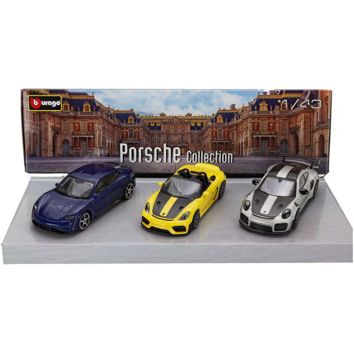 BURAGO PORSCHE SET 3X 911 992 GT2 RS COUPE 2021 - 718 (982) SPIDER RS - TAYCAN - YELLOW GREY BLACK 1/43