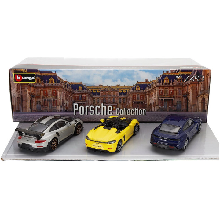 BURAGO PORSCHE SET 3X 911 992 GT2 RS COUPE 2021 - 718 (982) SPIDER RS - TAYCAN - YELLOW GREY BLACK 1/43