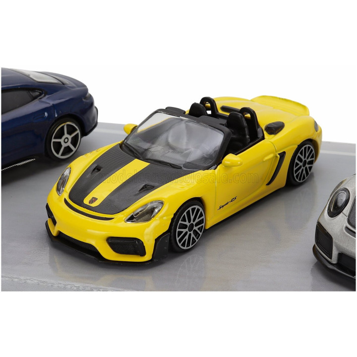 BURAGO PORSCHE SET 3X 911 992 GT2 RS COUPE 2021 - 718 (982) SPIDER RS - TAYCAN - YELLOW GREY BLACK 1/43