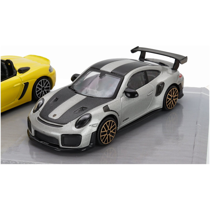 BURAGO PORSCHE SET 3X 911 992 GT2 RS COUPE 2021 - 718 (982) SPIDER RS - TAYCAN - YELLOW GREY BLACK 1/43