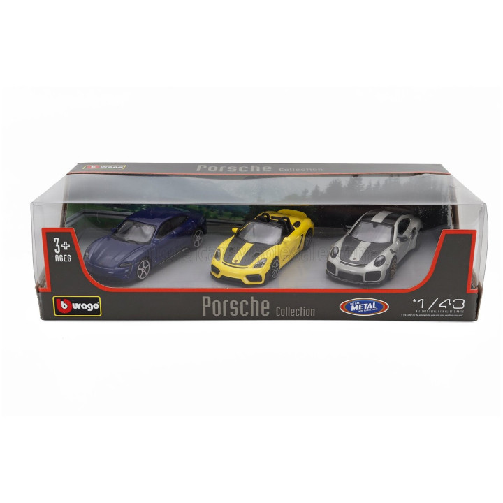 BURAGO PORSCHE SET 3X 911 992 GT2 RS COUPE 2021 - 718 (982) SPIDER RS - TAYCAN - YELLOW GREY BLACK 1/43