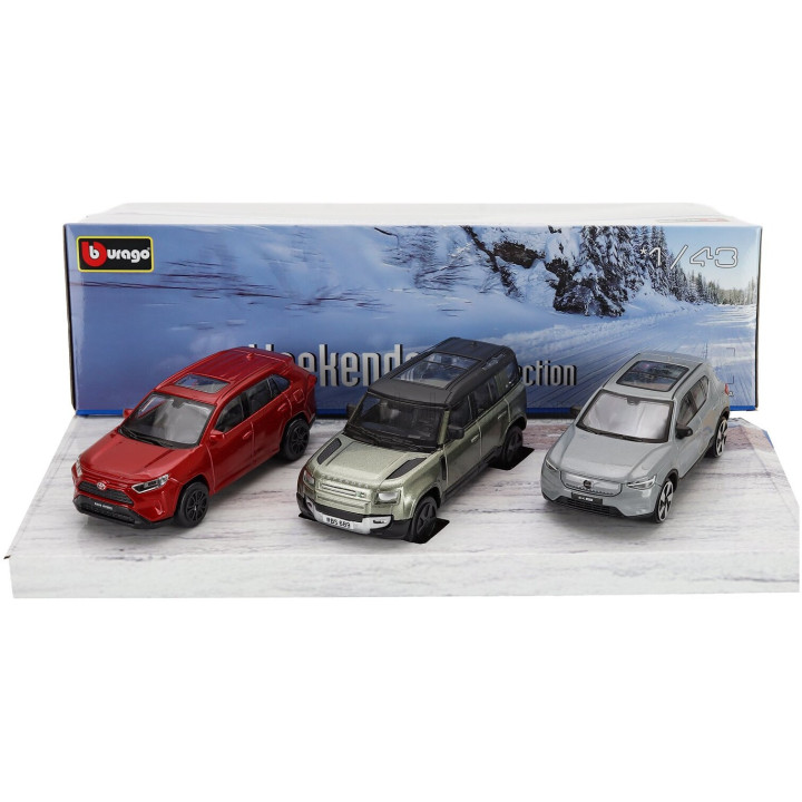 BURAGO TOYOTA SET 3X RAV 4 - LAND ROVER NEW DEFENDER 110 - VOLVO EX90 2024 - RED GREY SILVER 1/43