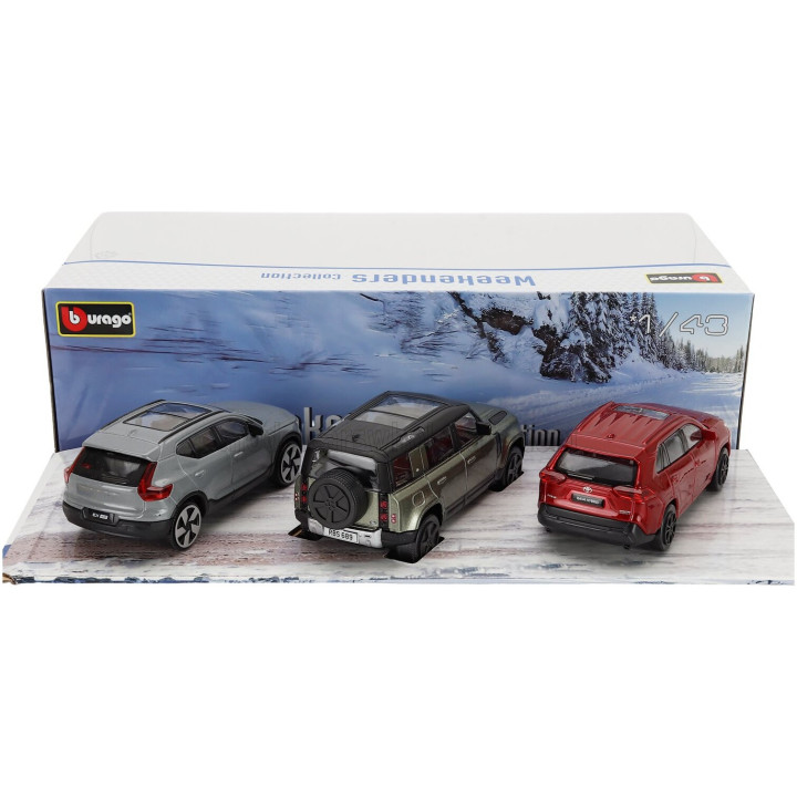BURAGO TOYOTA SET 3X RAV 4 - LAND ROVER NEW DEFENDER 110 - VOLVO EX90 2024 - RED GREY SILVER 1/43