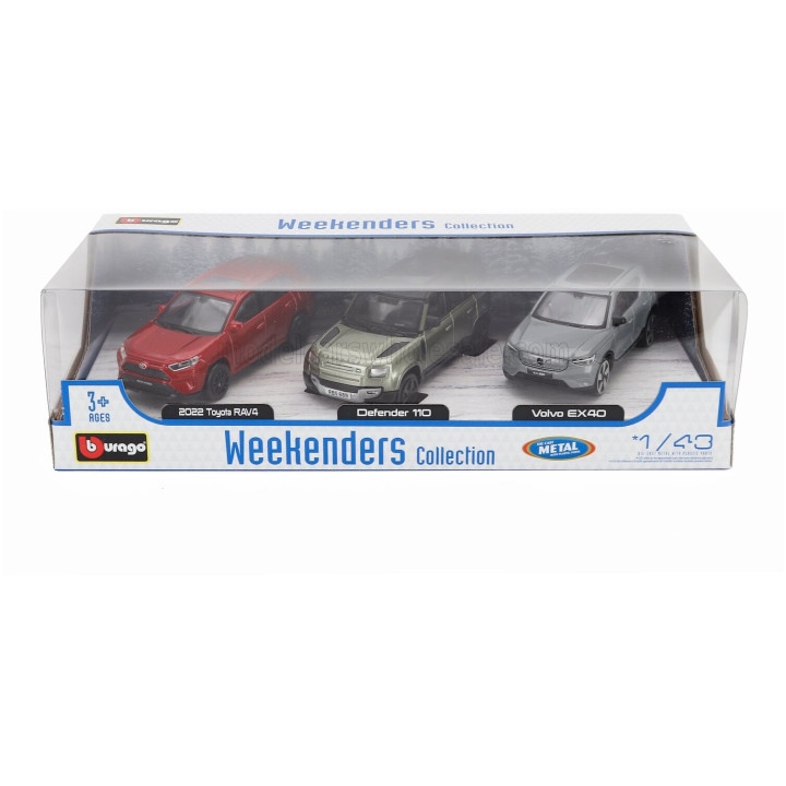 BURAGO TOYOTA SET 3X RAV 4 - LAND ROVER NEW DEFENDER 110 - VOLVO EX90 2024 - RED GREY SILVER 1/43