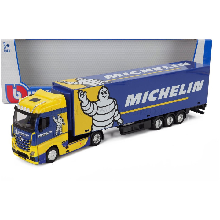 BURAGO MERCEDES BENZ ACTROS 2 GIGASPACE TRUCK CASSONATO MICHELIN 2019 - BLUE YELLOW 1/43