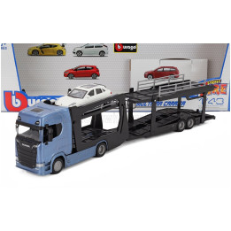 BURAGO SCANIA S770 V8 TRUCK CAR TRANSPORTER WITH PORSCHE MACAN 2021 - BLUE WHITE 1/43