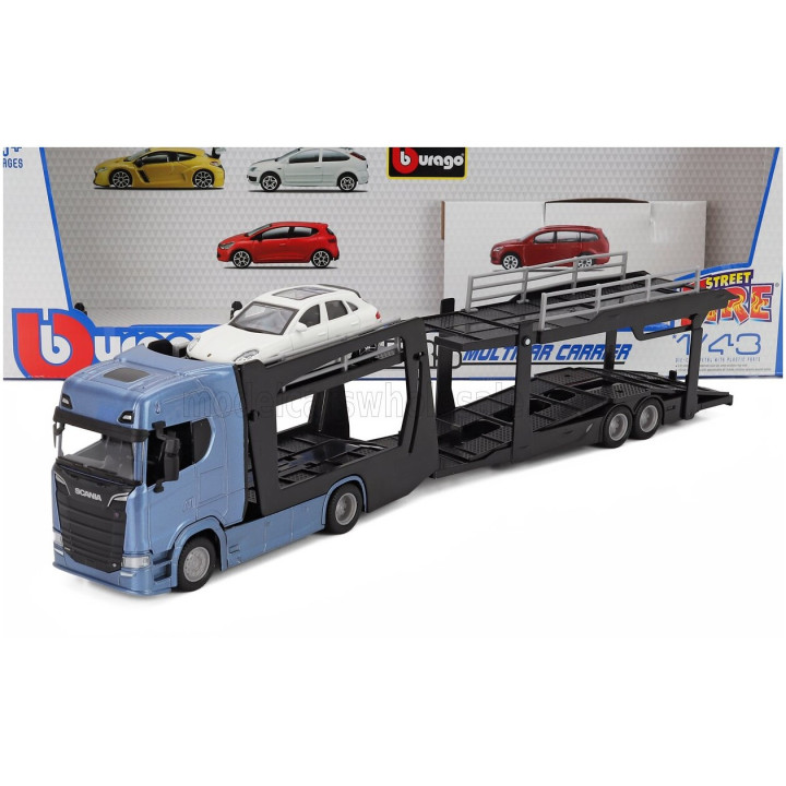 BURAGO SCANIA S770 V8 TRUCK CAR TRANSPORTER WITH PORSCHE MACAN 2021 - BLUE WHITE 1/43