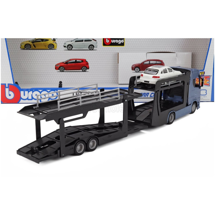 BURAGO SCANIA S770 V8 TRUCK CAR TRANSPORTER WITH PORSCHE MACAN 2021 - BLUE WHITE 1/43