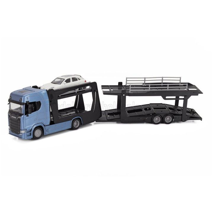 BURAGO SCANIA S770 V8 TRUCK CAR TRANSPORTER WITH PORSCHE MACAN 2021 - BLUE WHITE 1/43