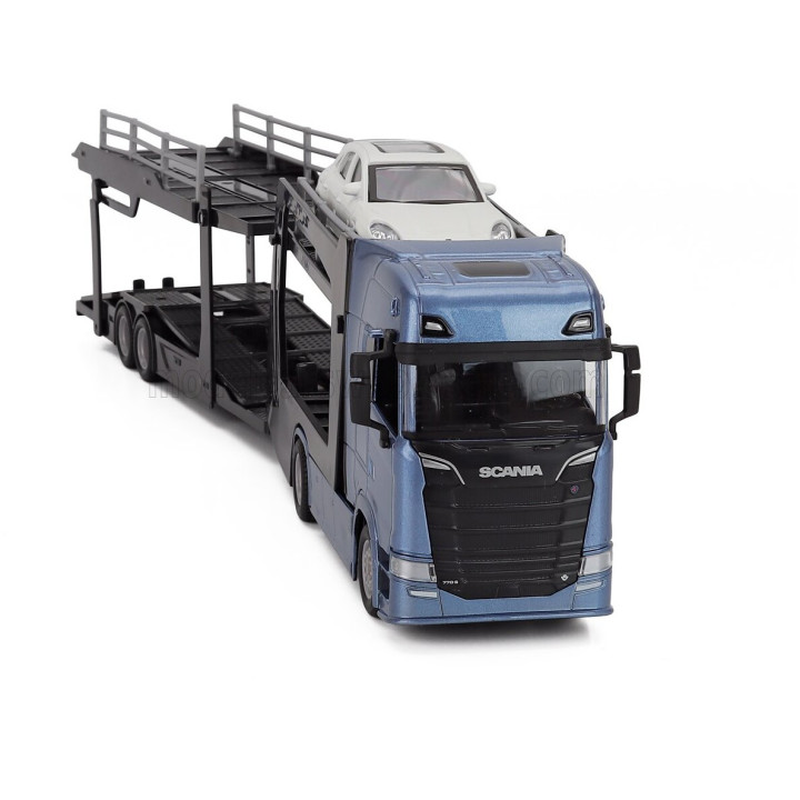 BURAGO SCANIA S770 V8 TRUCK CAR TRANSPORTER WITH PORSCHE MACAN 2021 - BLUE WHITE 1/43