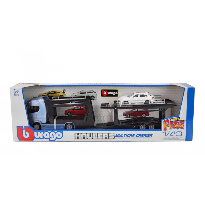 BURAGO SCANIA S770 V8 TRUCK CAR TRANSPORTER WITH PORSCHE MACAN 2021 - BLUE WHITE 1/43