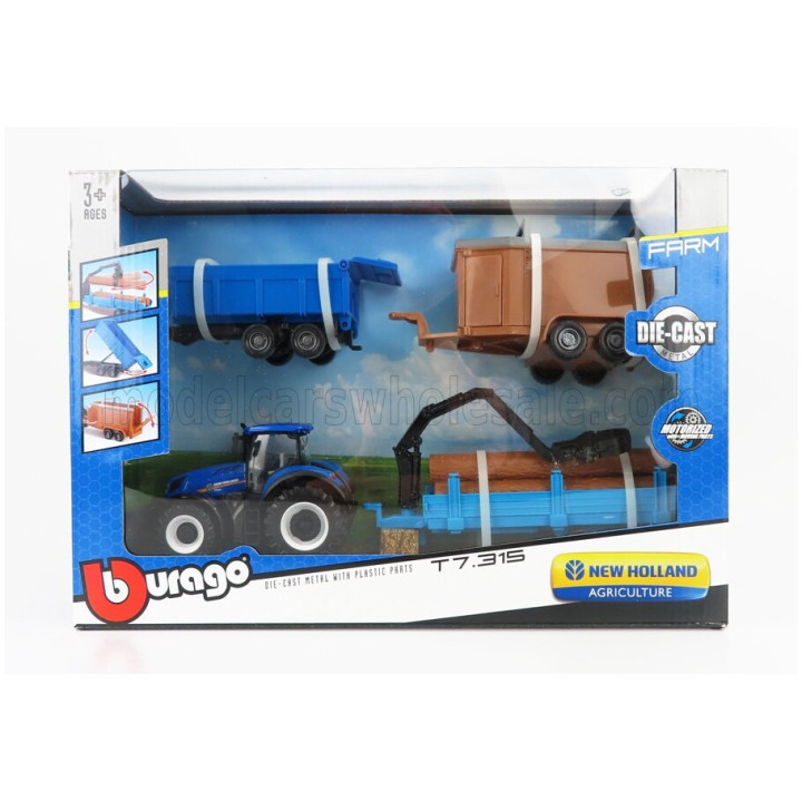 BURAGO NEW HOLLAND T7.315 TRACTOR WITH 3X TRAILER 2018 - BLUE 1/50