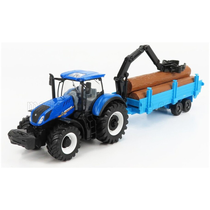 BURAGO NEW HOLLAND T7.315 TRACTOR WITH 3X TRAILER 2018 - BLUE 1/50