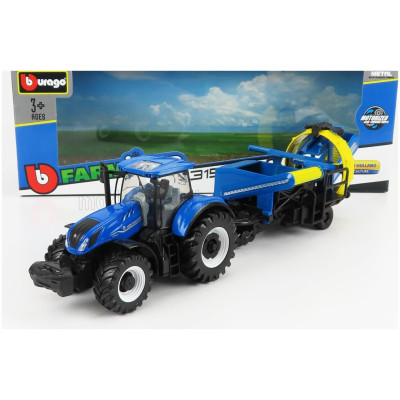 BURAGO NEW HOLLAND T7.315 TRACTOR WITH CULTIVATOR TRAILER 2016 - BLUE 1/50