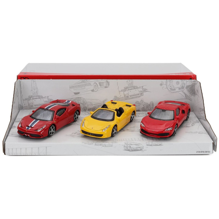 BURAGO FERRARI SET 3X 458 SPECIALE - 296 GTB - 458 SPIDER 2013 - RED YELLOW 1/43