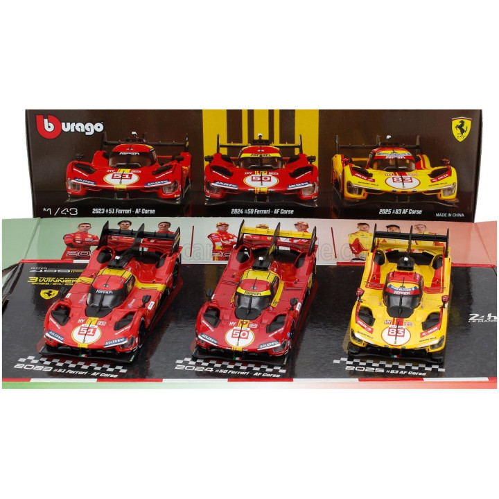 BURAGO FERRARI SET 3X 499P WINNER 24h LE MANS TEAM AF CORSE FERRARI - N 83 2025 - N 50 2024 - N 51 2023 - YELLOW RED 1/43