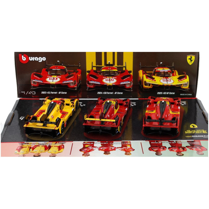 BURAGO FERRARI SET 3X 499P WINNER 24h LE MANS TEAM AF CORSE FERRARI - N 83 2025 - N 50 2024 - N 51 2023 - YELLOW RED 1/43