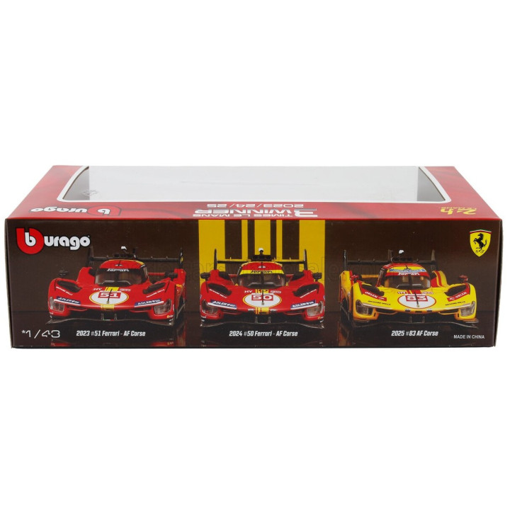 BURAGO FERRARI SET 3X 499P WINNER 24h LE MANS TEAM AF CORSE FERRARI - N 83 2025 - N 50 2024 - N 51 2023 - YELLOW RED 1/43