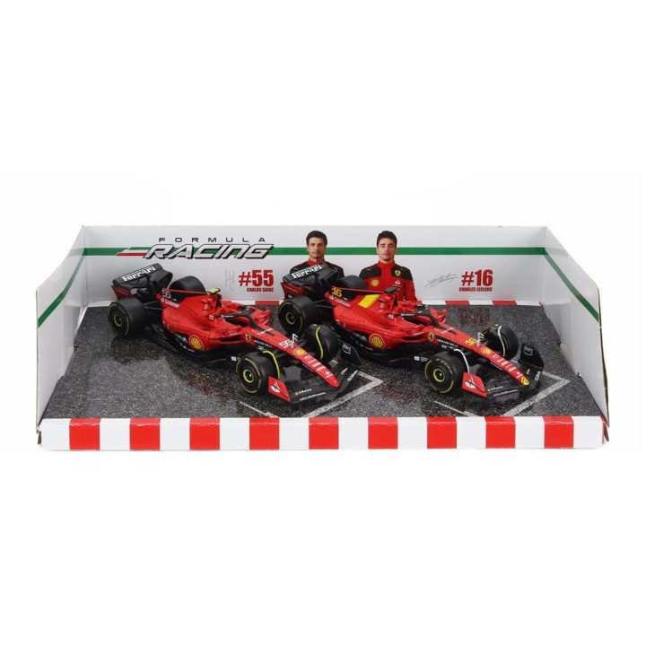BURAGO FERRARI SET F1 2X SF-23 TEAM SCUDERIA FERRARI N 16 SEASON 2023 CHARLES LECLERC + N 55 SEASON 2023 CARLOS SAINZ - RED