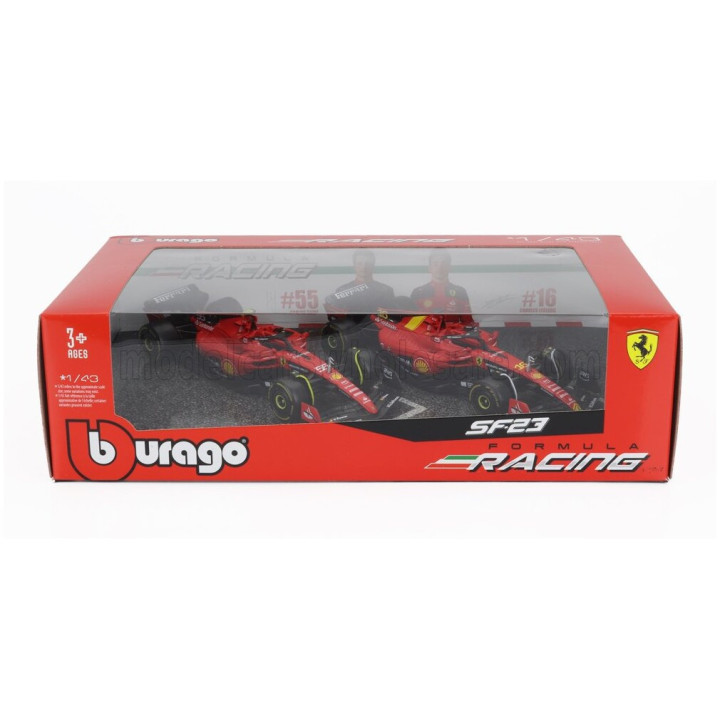 BURAGO FERRARI SET F1 2X SF-23 TEAM SCUDERIA FERRARI N 16 SEASON 2023 CHARLES LECLERC + N 55 SEASON 2023 CARLOS SAINZ - RED