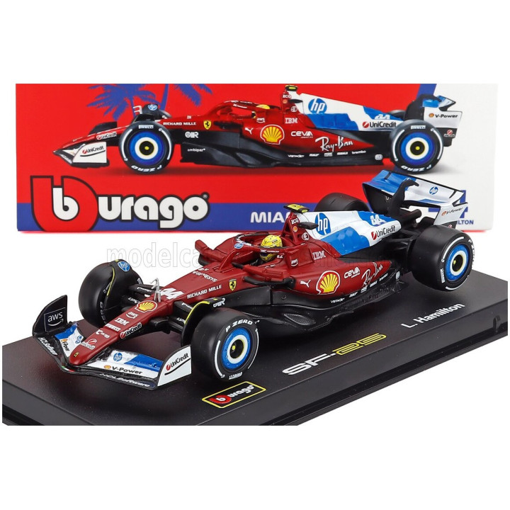 BURAGO FERRARI WITH PILOT AND SHOWCASE - F1 SF-25 TEAM SCUDERIA FERRARI HP N 44 MIAMI GP 2025 LEWIS HAMILTON - RED WHITE BLUE