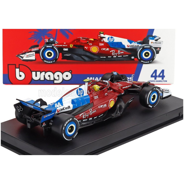 BURAGO FERRARI WITH PILOT AND SHOWCASE - F1 SF-25 TEAM SCUDERIA FERRARI HP N 44 MIAMI GP 2025 LEWIS HAMILTON - RED WHITE BLUE