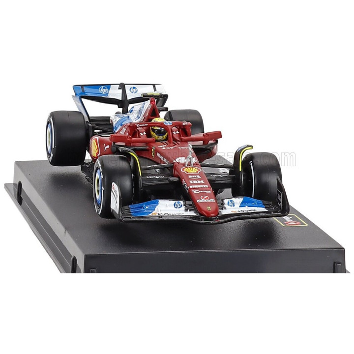 BURAGO FERRARI WITH PILOT AND SHOWCASE - F1 SF-25 TEAM SCUDERIA FERRARI HP N 44 MIAMI GP 2025 LEWIS HAMILTON - RED WHITE BLUE