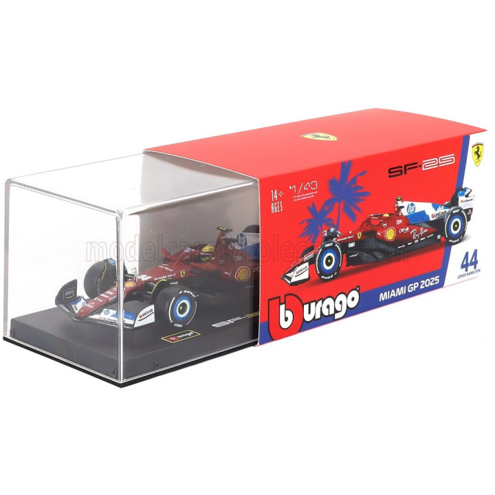BURAGO FERRARI WITH PILOT AND SHOWCASE - F1 SF-25 TEAM SCUDERIA FERRARI HP N 44 MIAMI GP 2025 LEWIS HAMILTON - RED WHITE BLUE